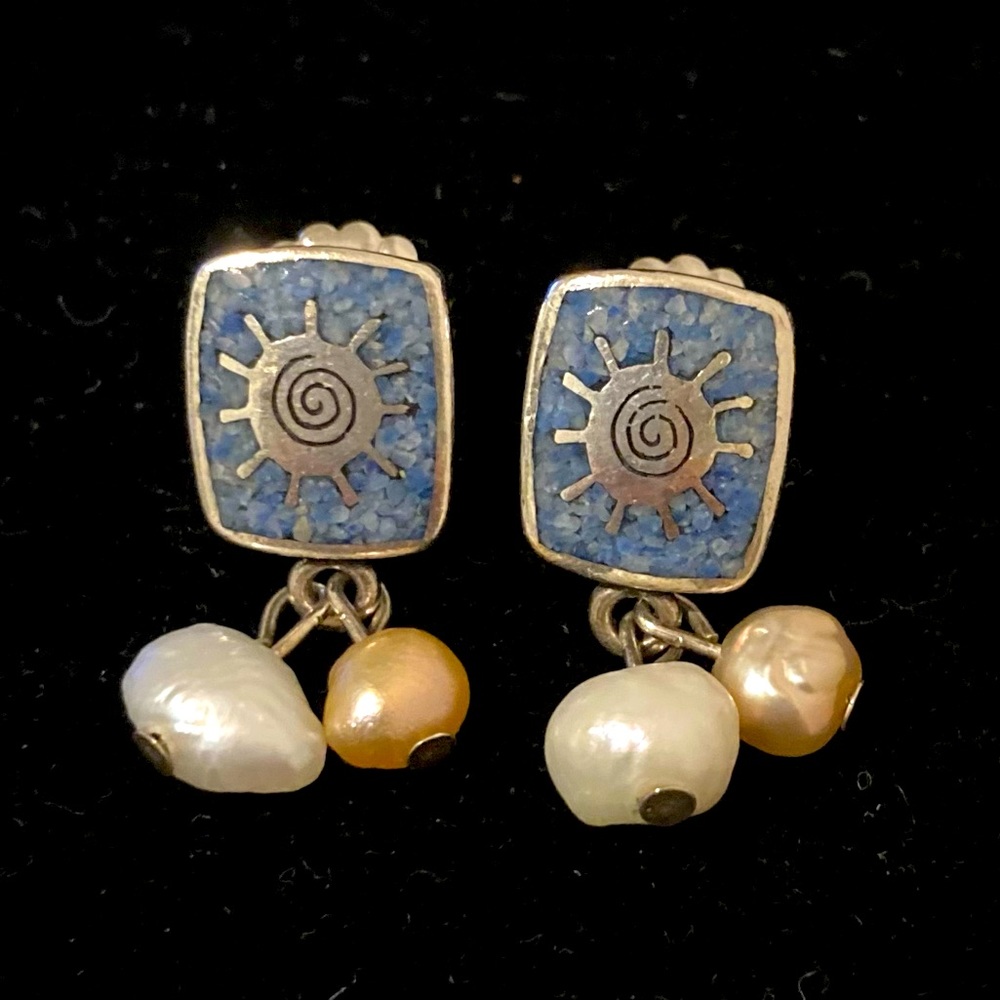 American Southwest Style Silver Pierced Earrings with Pearls